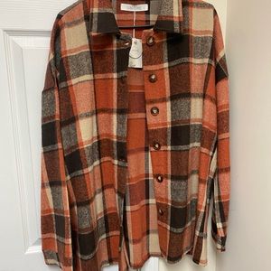 Plaid Flannel Shacket - Brown, Orange & Tan